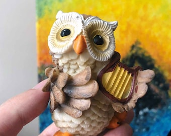 Resin Owl Musician Figurine with Harp, Home Decor Statue (3.2" Tall)
