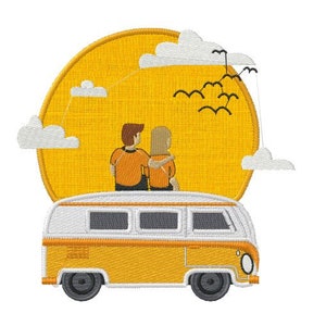 May include: A yellow vintage van with a white roof and a couple sitting on top. The van is driving into a yellow sun with white clouds and black birds flying above.