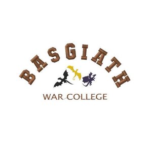 May include: Embroidered logo featuring the word "BASGIATH" in brown block letters arched above three stylized dragon silhouettes in black, gold, and purple. The text "WAR COLLEGE" is below the dragons.