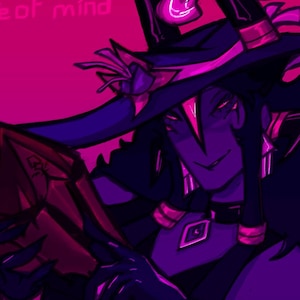 May include: Digital artwork featuring a character in a witch hat and dark attire, with the text "Remove the armour, expand your state of mind." The image uses a purple and pink color scheme, giving it a fantasy style.