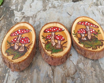 Handmade mushroom magnet, refrigerator magnet, spring wood magnet, woodburned, live edge, country decor, made in the USA