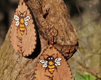 Wooden bee drop earrings, wood earrings, let it bee, bee jewelry, bee gift for her, last minute moments, handmade, wood burned earrings
