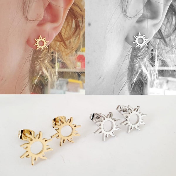 Boucles d'oreilles soleil acier inoxydable doré ou argenté - Petites boucles d'oreilles puces - Cous d'oreilles - Cadeau anniversaire
