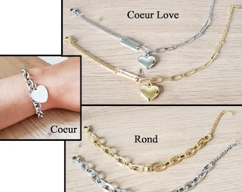 Bracelet cœur/rond acier inoxydable doré/argenté - Bracelet femme or/argent - Cadeau amoureux -Cadeau anniversaire -Cadeau maman - Pour elle