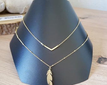 Feather necklace - Gold stainless steel multi-row necklace - Fine gold women's necklace - Women's birthday gift idea - Multiple chain - Mom gift