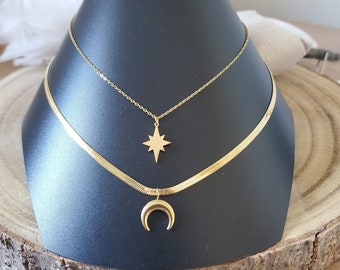 Multi-row half moon and star necklace - Gold stainless steel necklace - Double chain - Women's birthday gift - Snake chain