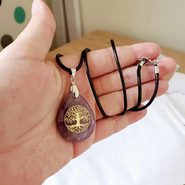 Semi-precious natural stone Amethyst necklace - Tree of life pendant - Lithotherapy necklace - Women's birthday gift - Mom gift