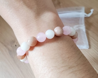 Bracelet anti stress - Bracelet pierres naturelles pierre du soleil, pierre de lune et quartz rose - Bracelet élastique personnalisé femme