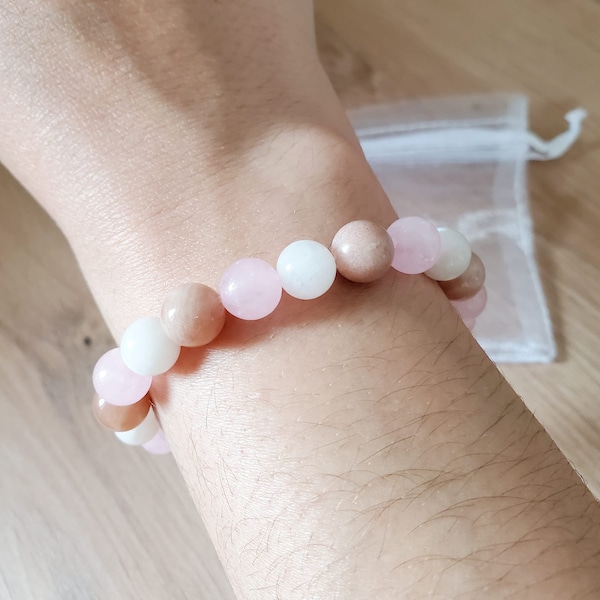 Bracelet anti stress - Bracelet pierres naturelles pierre du soleil, pierre de lune et quartz rose - Bracelet élastique personnalisé femme