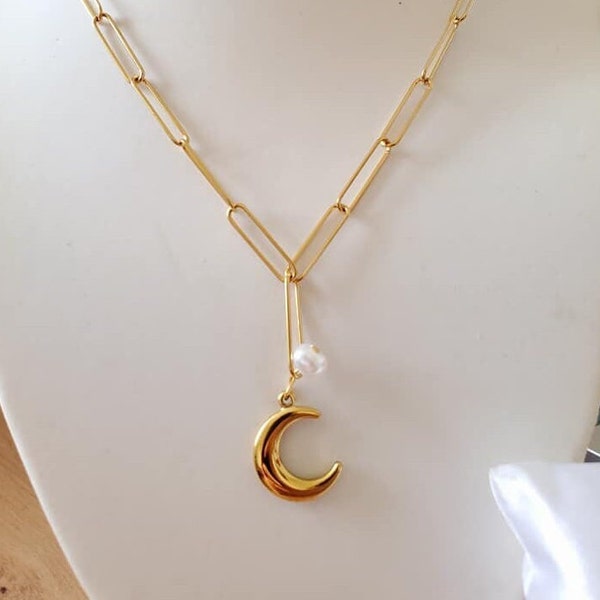 Collier demi lune acier inoxydable doré et perle nacre - Collier femme or - Cadeau anniversaire femme - Cadeau maman - Idée cadeau femme