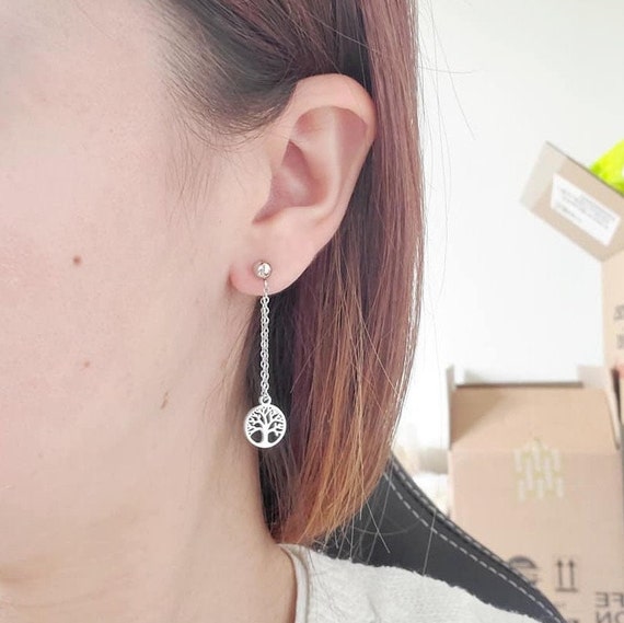 Boucles d'oreilles arbre de vie acier inoxydable argenté - Boucles d'oreilles chaines pendantes - Cadeau anniversaire femme - Cadeau maman