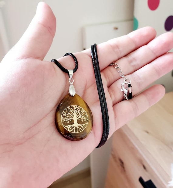 Collier Avec Pendentif En Œil De Tigre Naturel - Pierre Brute Pointe - Métal Hypoallergénique - Cadeau Femme - Neuf
