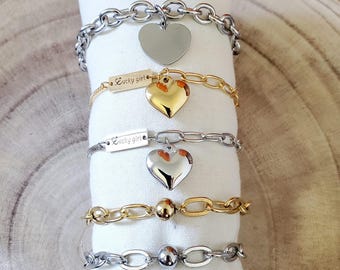 Gold/silver stainless steel heart/round bracelet - Gold/silver women's bracelet - Lover's gift - Birthday gift - Mom's gift - For her