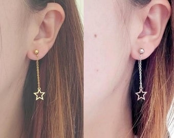 Boucles d'oreilles étoiles acier inoxydable doré ou argenté chaînes pendantes pour femme
