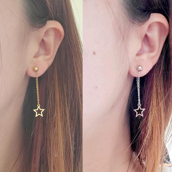 Boucles d'oreilles étoiles acier inoxydable doré ou argenté chaînes pendantes pour femme