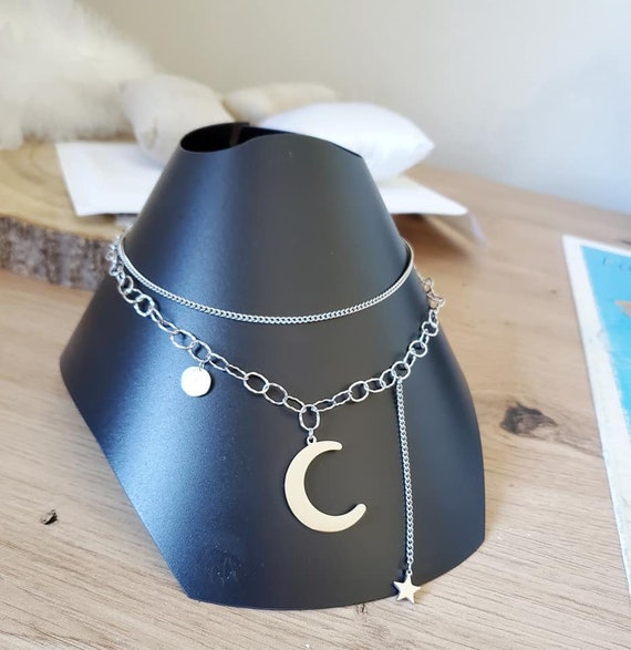Collier lune multirang acier inoxydable argenté Collier argent