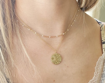 Multi-row sun moon necklace - Gold/silver stainless steel necklace - Resin pearl necklace - Women's birthday gift - Summer necklace