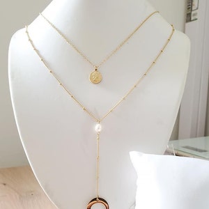 Collier multirang demi lune nacre acier inoxydable doré Collier long fin or femme Idée cadeau anniversaire femme Double chaine image 2