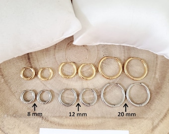 Women's and men's hoop earrings - Mini stainless steel hoop earrings, pair in gold/silver - Hoops 8 mm - 1.2 cm - 2 cm