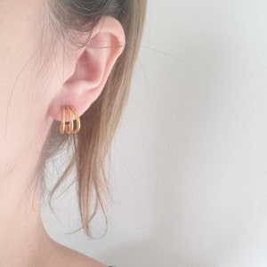 Boucles d'oreilles anneaux - Mini créoles triple acier inoxydable doré/argenté femme - Boucles d'oreilles minimalistes - Créoles larges