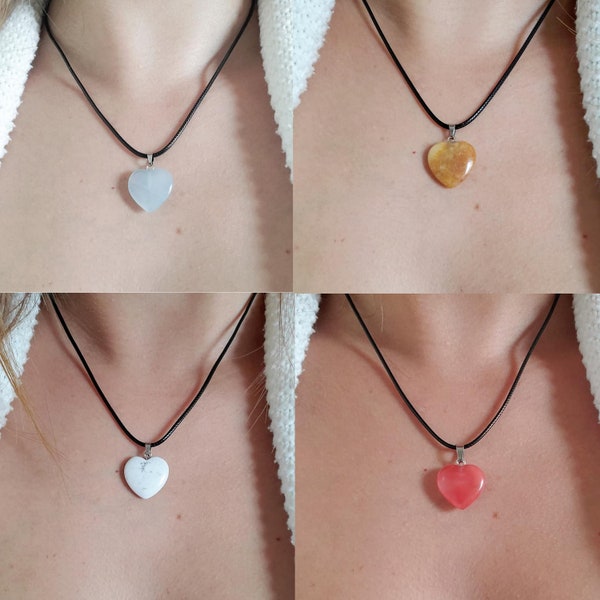 Collier coeur Aigue-marine, Howlite, Quartz cerise, Jade jaune pendentif pierre naturelle femme et fille