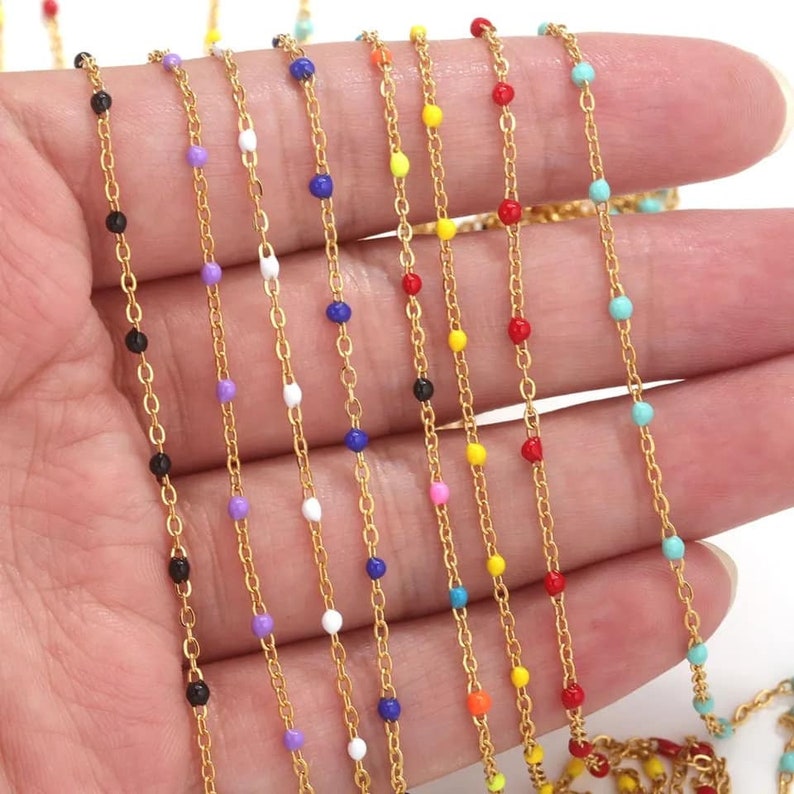 Gold stainless steel resin beaded necklace 36,40,45,50,60cm Short beaded choker necklace Fine women's necklace Enamel necklace Summer necklace image 5