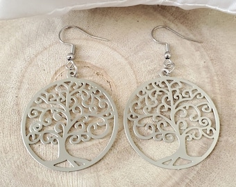 Boucles d'oreilles arbre de vie pendantes fines légères - Boucles d'oreilles acier inoxydable argent femme