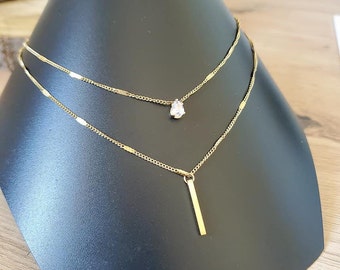 Collier multirang zircon et acier inoxydable - Collier fin doré - Collier femme or - Idée cadeau anniversaire femme - Chaine multiple