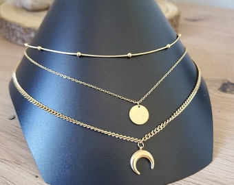 Multi-row half moon and star necklace - Gold stainless steel necklace - Gold women's necklace - Women's birthday gift idea - Multiple chain