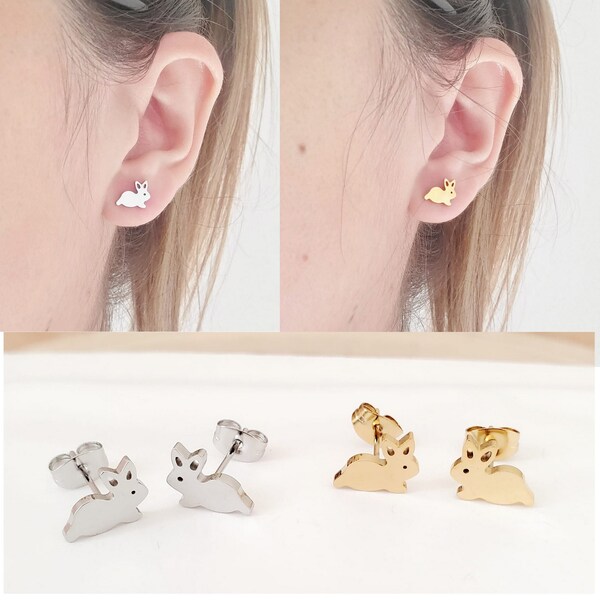 Boucles d'oreilles Lapin acier inoxydable doré/argenté- Petites boucles d'oreilles puces - Boucles d'oreilles animaux enfant fille or/argent