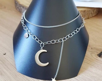 Collier lune multirang acier inoxydable argenté - Collier argent femme - Cadeau anniversaire femme -Cadeau maman - Chaine multiple pour elle