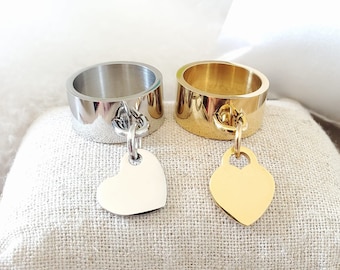Heart tassel ring - Gold or silver stainless steel charm ring - Women's ring sizes 52 54 57 59 62 64 - Gift idea for women