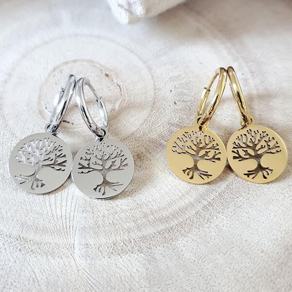 Boucles d'oreilles anneaux arbre de vie acier inoxydable doré ou argenté cadeau pour femmes