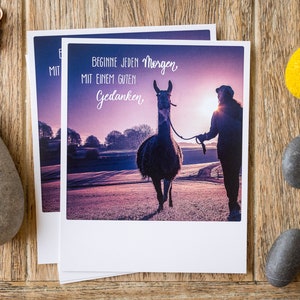 Stimmungsvolle Polaroid Postkarte "Beginne jeden Morgen mit einem guten Gedanken" | Affirmation Lama Alpaka bei Sonnenaufgang | Nr. 157