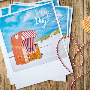 Herzliche Postkarte "Oh Happy Day" im Polaroid Stil | Handlettering Grußkarte mit Strandkorb Nordsee auf Amrum | Liebe & Hochzeit | Nr. 149