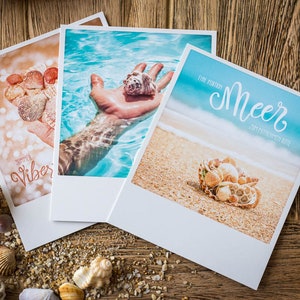 3 Polaroid-Postkarten im Set für Sommerlaune | originelles Handlettering kombiniert mit Fotografie |Meerweh, Muscheln, Strand zum Wegträumen