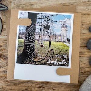 Vintage Grußkarte "Grüße aus Karlsruhe" mit Postkarte im Polaroid Stil | Handlettering & Fotografie mit Fahrrad im Schlossgarten | Nr. 2135