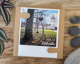 Vintage Grußkarte "Grüße aus Karlsruhe" mit Postkarte im Polaroid Stil | Handlettering & Fotografie mit Fahrrad im Schlossgarten | Nr. 2135