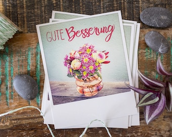 Vintage Postkarte "Gute Besserung" im Polaroid Stil mit Blumenstrauß | handgeschriebene Genesungswünsche | Pink & Teal | Nr. 110