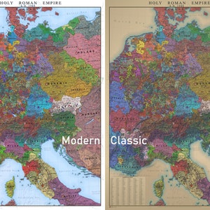 May include: Two maps of the Holy Roman Empire in 1448, one with modern borders and one with classic borders. The maps are side-by-side and show the different ways the empire was divided. The modern map shows the empire as it is today, while the classic map shows the empire as it was in the 15th century.