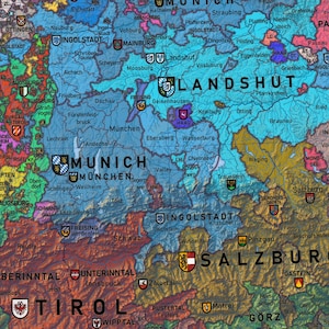 May include: A detailed map of Germany with colorful regions and city names. The map includes the names of major cities like Munich, Augsburg, and Salzburg. The map is printed on a textured paper with a vintage look.