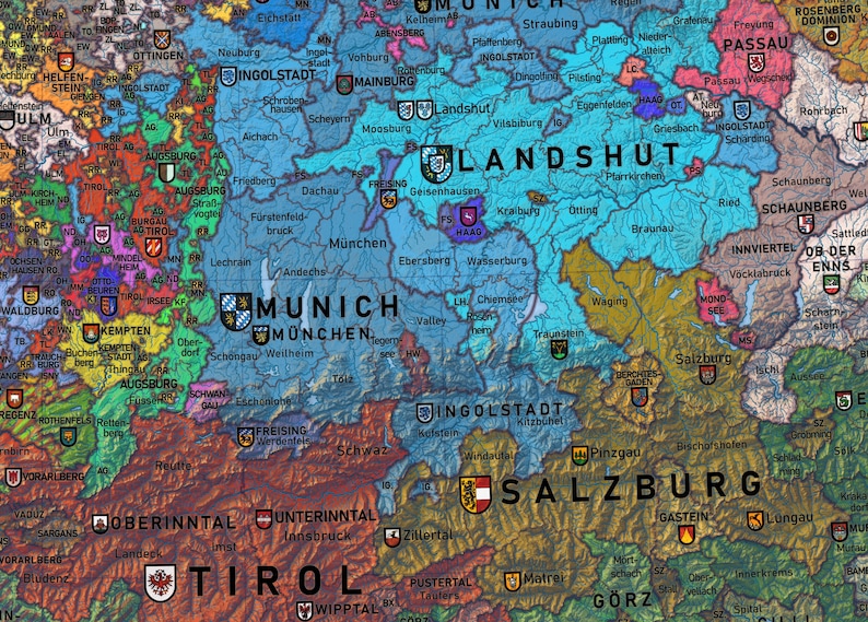 May include: A detailed map of Germany with colorful regions and city names. The map includes the names of major cities like Munich, Augsburg, and Salzburg. The map is printed on a textured paper with a vintage look.