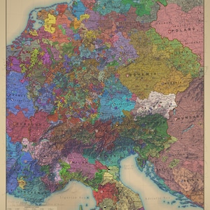 May include: A detailed map of the Holy Roman Empire in 1444, showing the various kingdoms, duchies, and counties that made up the empire. The map is color-coded to distinguish between the different territories. The map includes the Baltic Sea, North Sea, Adriatic Sea, and Tyrrhenian Sea.
