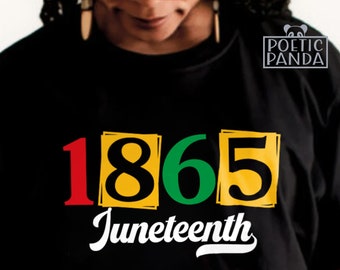 May include: A black t-shirt with the text "1865 Juneteenth" in red, yellow, and green. The numbers are in boxes with a white outline.