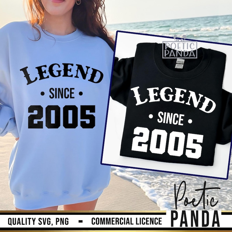 May include: Two light blue sweatshirts with black text that reads "LEGEND SINCE 2005". The sweatshirts are displayed on a beach background.