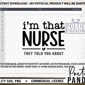 K&ouml;nnte beinhalten: Ein digitales Design mit dem Text "I'm that nurse they told you about" in Schwarz mit einem kleinen Herzen darunter. Der Text "Poetic Panda" befindet sich in einem grauen Kasten mit einer Panda-Illustration.