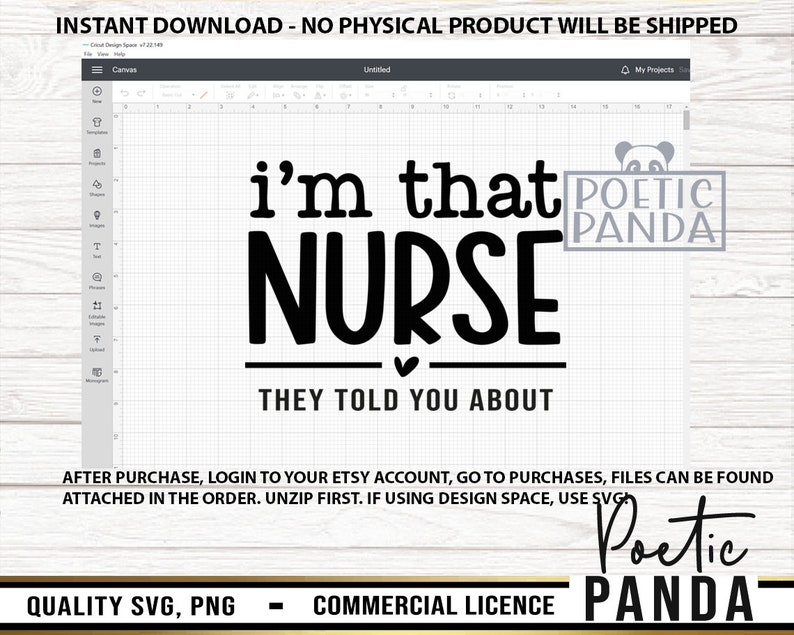 K&ouml;nnte beinhalten: Ein digitales Design mit dem Text "I'm that nurse they told you about" in Schwarz mit einem kleinen Herzen darunter. Der Text "Poetic Panda" befindet sich in einem grauen Kasten mit einer Panda-Illustration.