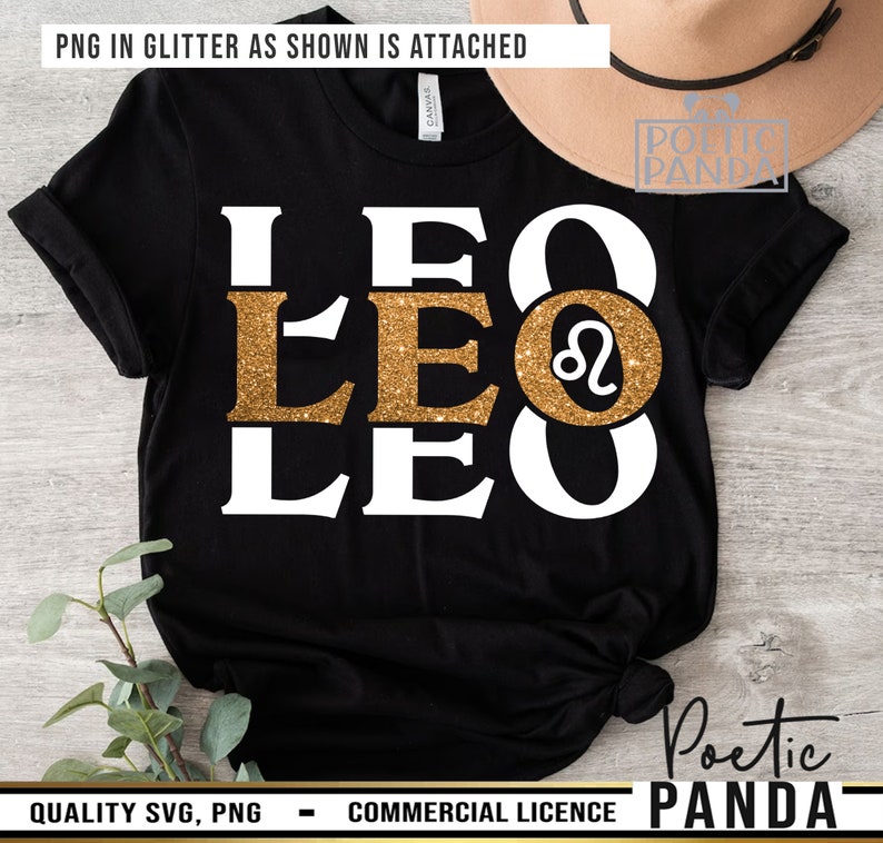 May include: Black t-shirt with the word "LEO" repeated three times in white letters. The middle "LEO" is in gold glitter with a gold glitter Leo zodiac symbol.