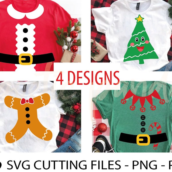 4 bundle svg Noël, arbre de Noël svg, svg chemise elfe, svg de costume de Noël, Noël pour enfants, svg de pull de Noël, svg de costume de père Noël