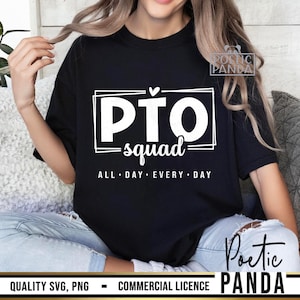 May include: Black t-shirt with white text that reads "PTO squad ALL DAY EVERY DAY".